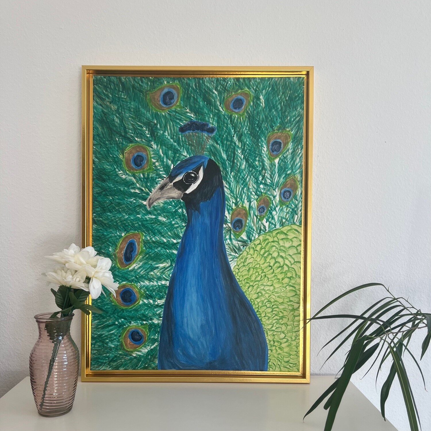 Pfau, der sein Rad schlägt, Gemälde von Teresa Heitz