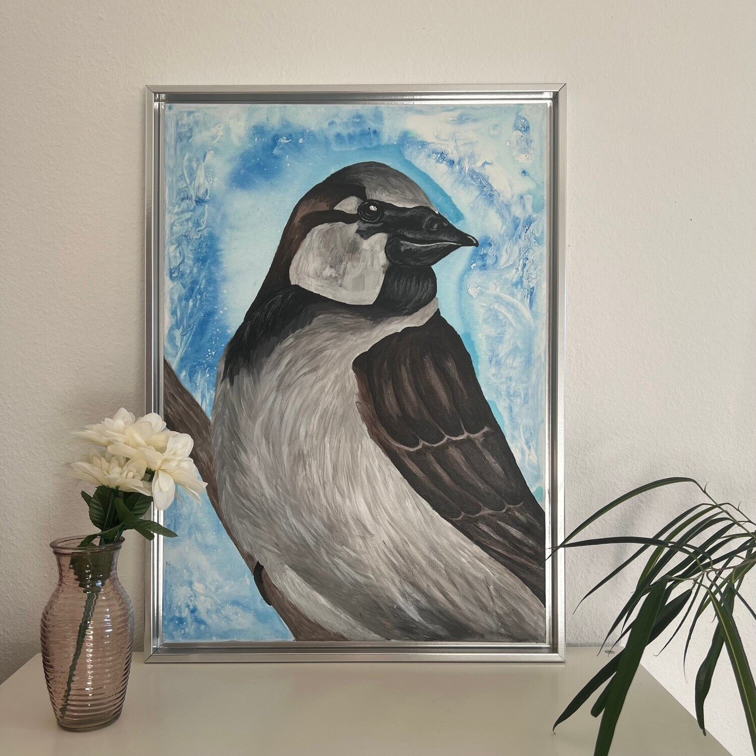 Spatz mit blauer Aura, Gemälde von Teresa Heitz